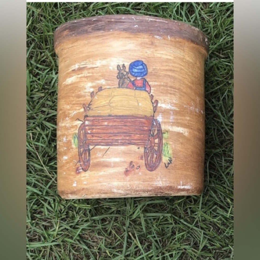 Vintage Handmade Ceramic Flower Pot Handpainted Mule Wagon, Rustic Granny